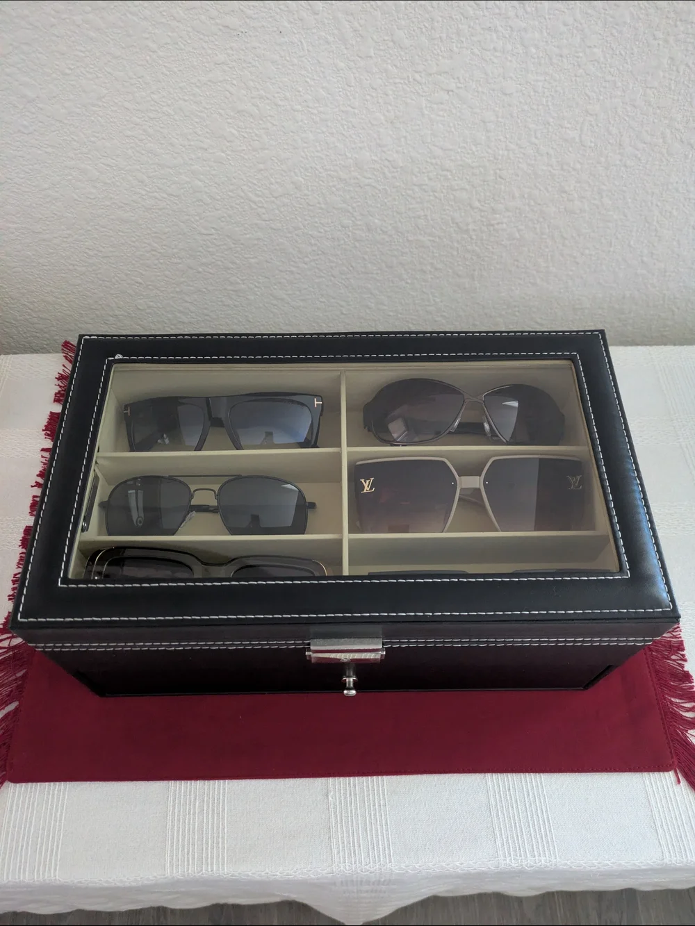 Luxury Black Leather Sunglass Case with Glass Top